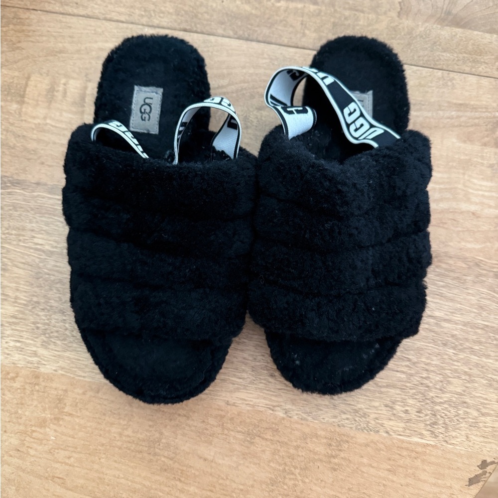 UGG Black Fluffy Slide Sandals with Logo Straps